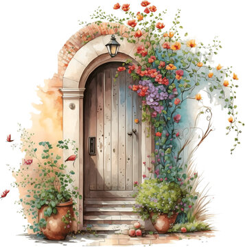 Watercolor wooden door entwined with flowers. Cute image suitable for cards, invitations, weddings, fabric making and more