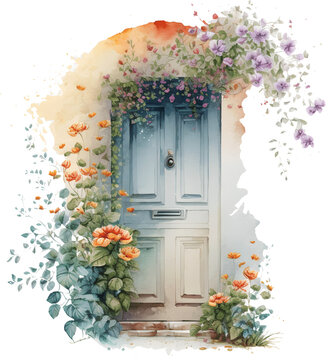Watercolor wooden door entwined with flowers. Cute image suitable for cards, invitations, weddings, fabric making and more