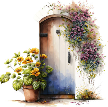 Watercolor wooden door entwined with flowers. Cute image suitable for cards, invitations, weddings, fabric making and more