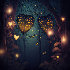 Two fireflies lighting up together with a background of hearts in a dark forest. Valentines day illustration.Generative AI