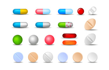 Tablet set, pill and drug vitamin icons. Color medical antibiotics, different round prescription doses, pharmacy cure realistic isolated elements. Vector cartoon current illustration