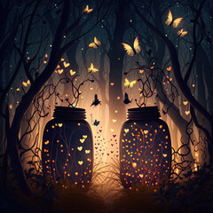 Two fireflies lighting up together with a background of hearts in a dark forest. Valentines day illustration.Generative AI