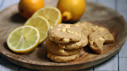 Homemade lemon biscuits with white chocolate chips.