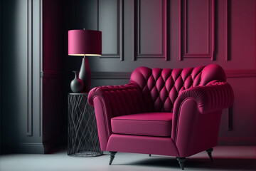 Bright magenta color living room, A bright chair accent. Crimson, burgundy, maroon red shades of room interior design, Gray wall background, Generative AI