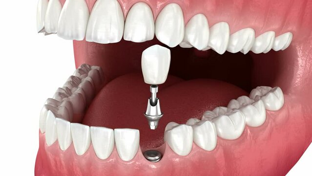 Dental implant and ceramic crown placement. Medically accurate tooth 3d animation