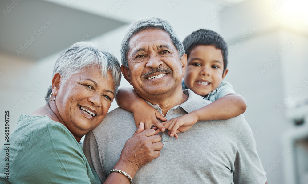 Sticker Grandpa, grandma and child hug with smile for happy holiday or weekend break with grandparents at the house. Portrait of elderly people holding grandchild on back for fun playful summer together