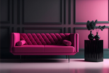 New Lounge in black and magenta color Blank empty dark room interior. Design in minimalist luxury style living or reception, Generative AI