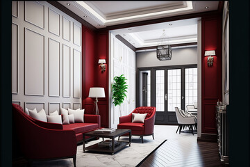 modern lounge lobby white color interior room design. Premium rich-style living reception. Dark veneer wood walls and red sofa and accent pillows, Generative AI