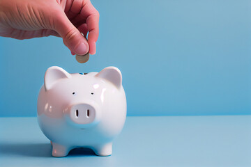 Eine Hand steckt eine Münze zum sparen in ein Sparschwein. Finanz- und Geldeinlagenkonzept - Generative Ai 