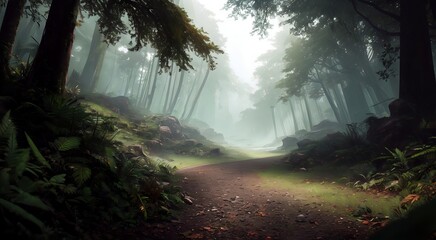 Enchanted Forest: A Sunlit Path Amidst Misty Woods and Trees [AI Generated]