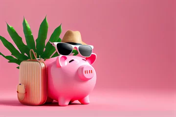 Foto op Plexiglas Sparschwein als Reisekasse. Urlaubshintergrund mit Platzhalter zum Thema sparen für eine Reise - Generative Ai  © Sarah