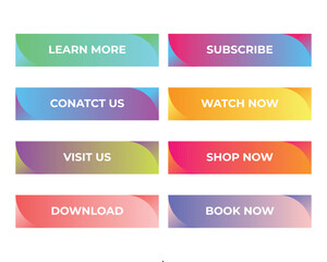 Gradient button set, learn more, contact us, visit us, download, subscribe, watch now, shop now, book now