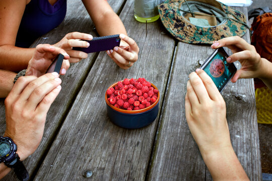Hikers take pictures of a bowl of Wild raspberries.
