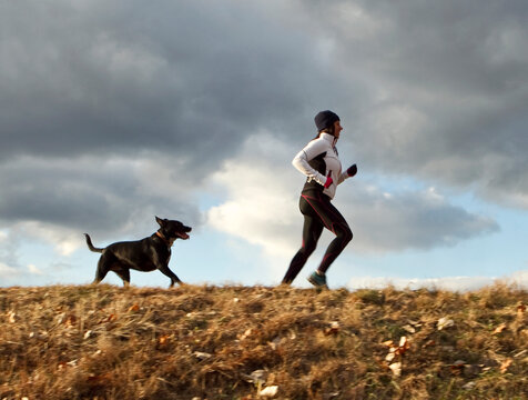 A female trail runner jogs with her dog along a trail.