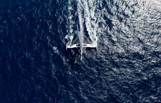 Aerial photo shoot of l'Hydroptere DCNS, Alain Thebault and his crew (Yves Parlier, Jean le Cam, Jacques Vincent, Luc Alphand)  during the first series of trials on the Med before 