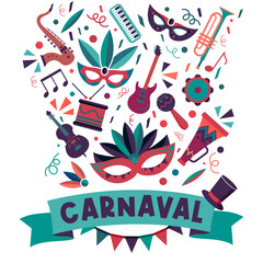 Bannière - Titre et illustrations colorées autour de mardi gras - Masques et musique