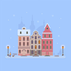 Vector illustration of the winter city landscape. Panorama of the city, winter street walking with a man of man. Template for congratulations and invitations, banner, poster, postcards..