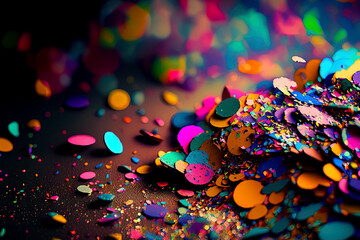 Closeup of colorful confetti for carnival. Closeup macro shot of bright vibrant colored confetti.