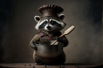 A raccoon wearing a chef's hat and holding a mixing bowl | generative AI