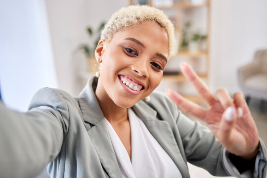 Selfie, portrait and businesswoman with peace hands, smile and emoji for social media profile picture. Happy worker, v sign and taking photo on video call for corporate connection, happiness and face