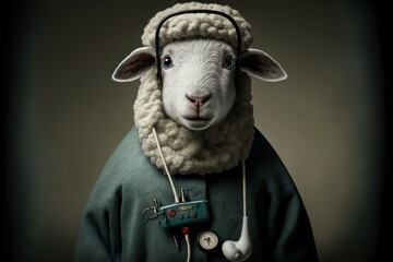A sheep wearing a nurse's uniform and holding a stethoscope | generative AI