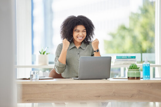 Success, Winning And Black Woman With Laptop In Office Reading Email With News Of Bonus, Promotion Or Deal Announcement. Happy, Sales Target Prize And Winner Employee Celebrating On Office With Smile