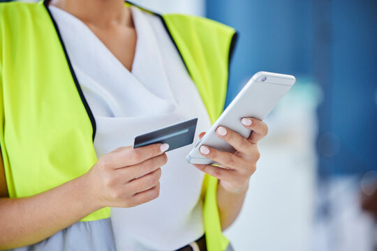 Phone in hands, ecommerce and credit card with woman in construction with online shopping, payment zoom and bank app. Internet, banking and finance with service and contractor with stock purchase