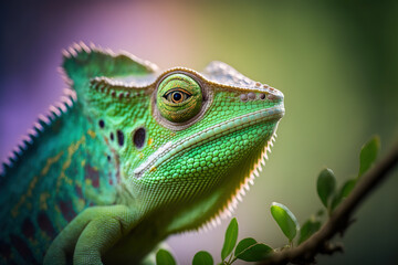 Obraz premium Close up of a green chameleon. Generative AI.