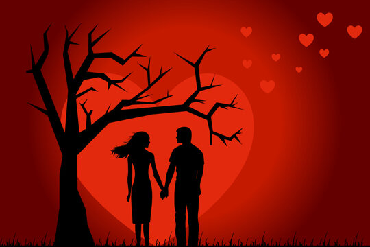 Valentines Day. Romantic silhouette of loving couple standing under the tree. Dating. People love each other. The silhouette of couple with a heart on the background.