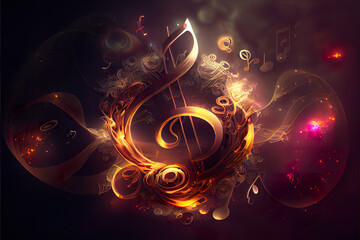 Vibrant musical clef sign with swirling golden accents and ethereal notes, perfect for meditation and music therapy content, radiates energy and artistic inspiration. generative ai   