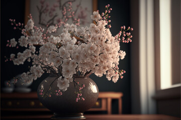 artificial flower arrangment with cherry blossoms in a well lit room. Front view. Generative AI