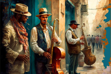 jazz band havana street, oil painting. Generative AI - obrazy, fototapety, plakaty