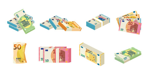 Euro paper cash money set, European currency collection with isometric bundles and piles
