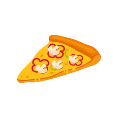 Vegetarian pizza slice isolated on white background. Italian traditional fast food with mushrooms, pepper and cheese. Bistro, cafeteria, restaurant business. Pizzeria menu design