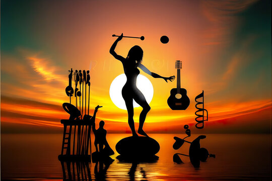 Captivating image showcasing the power of music healing, with a silhouette leading a serene musical ritual at sunset. Ideal for promoting therapeutic and soulful musical experiences  