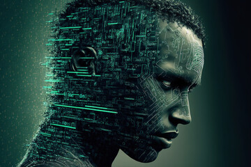 This stock image shows a person interacting with a digital interface representing a human face, symbolizing the integration of AI and humanity. It can be used to illustrate themes such as AI and human