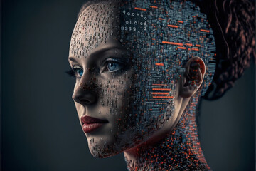 This stock image shows a person interacting with a digital interface representing a human face, symbolizing the integration of AI and humanity. It can be used to illustrate themes such as AI and human