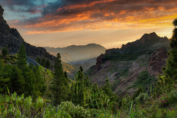 Beautiful mountains on the island of Gran Canaria in Spain at sunset.
