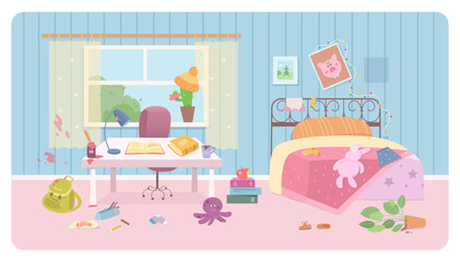 Mess in kids room, messy dirty bedroom of girl before cleaning, toys scattered on floor