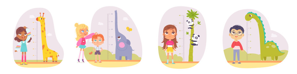 Children measure height with funny kids meter on wall vector illustration. Cartoon growing progress of cute boys and girls and tall animals of Africa, childish pediatric inch stadiometers - obrazy, fototapety, plakaty