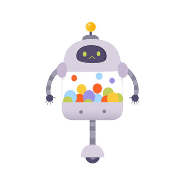 Cute robot vector illustration. Cartoon smart chatbot character on wheel from AI customer support service, grey bot with funny face for online chat conversation and help of artificial intelligence