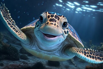 Obraz premium Realistic smiling sea turtle swimming in blue water with sun rays close-up.AI generated.