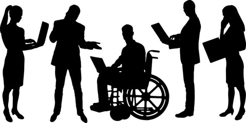 Silhouette of a disabled man in a wheelchair and his work team during a work process. Vector silhouette