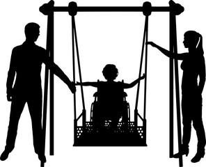 Silhouette of a happy child is a disabled person in a wheelchair on an adaptive swing. Mom and Dad swing it. Vector Silhouette
