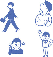 男性　通勤　ガッツポーズ　腕組み　考える　線画