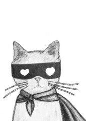 hero cat with glasses, pencil drawing. Generative AI