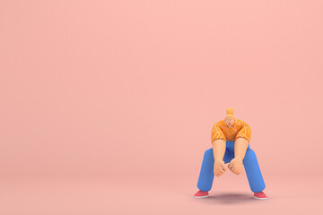 The woman with golden hair tied in a bun wearing blue corduroy pants and Orange T-shirt with white stripes.  He is pulling or pushing something. 3d rendering of cartoon character in acting.