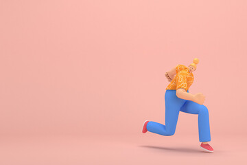 The woman with golden hair tied in a bun wearing blue corduroy pants and Orange T-shirt with white stripes.  She is doing exercise. 3d rendering of cartoon character in acting.