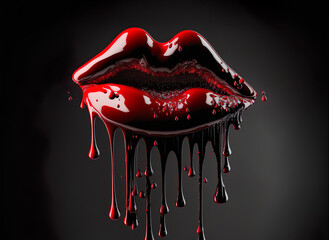 Dripping Gloss red lip on black background. Generative AI