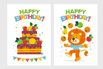 Funny cartoon lion juggling fruit. A large cake decorated with fruits, berries and chocolate. Set of happy birthday, holiday, baby shower celebration greeting and invitation card. Vector illustration.